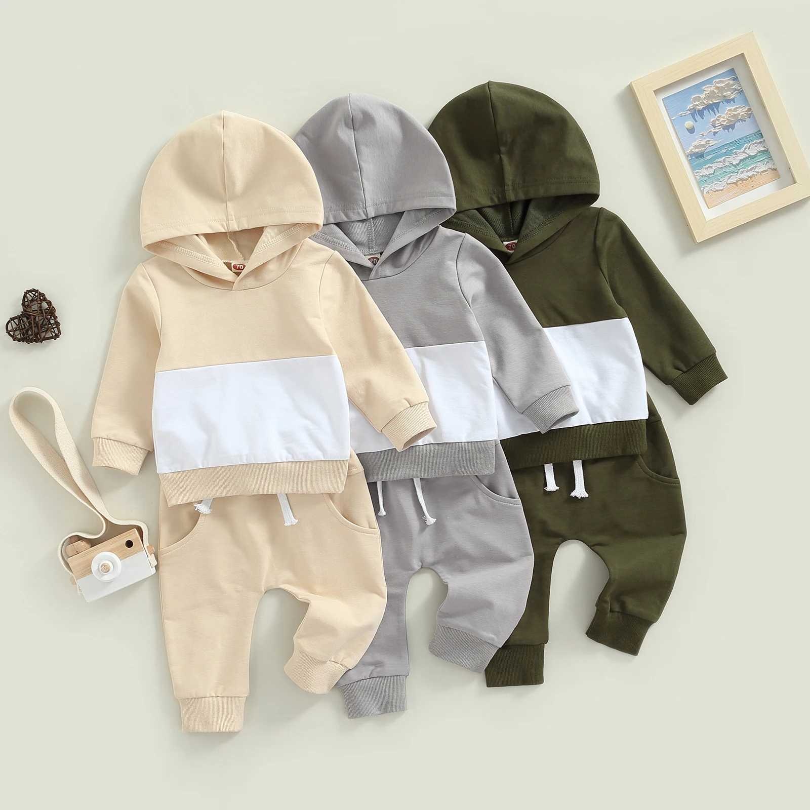 Clothing Sets 2022-06-17 Lioraitiin 0-4Years Childrens Pants Suit Patchwork Hooded Long Sleeve Sweatshirt Solid Color Trousers with Pockets