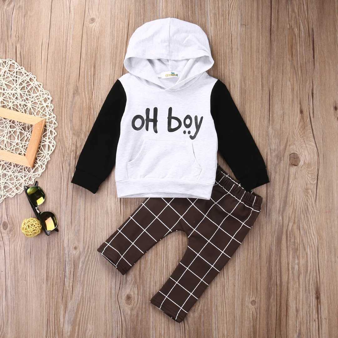 Clothing Sets Pudcoco US Stock 2pcs Toddler Kid Baby Boy Clothes Set Print Letter OH Boy Hoodies Tops Casual Pants Plaid Clothing Boys Outfits