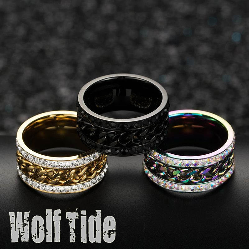 Rainbow Stainless Steel Chain with Zirconia Stone Ring for Men New Fashion Hip Hop Multicolor Black Gold Color Punk Party Gifts Wolf Tide Jewelry Bijo