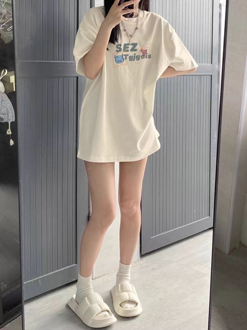 Tiktok Shoulder Drop Loose 200g Combed Cotton Back Bound Short Sleeve T-shirt Printed