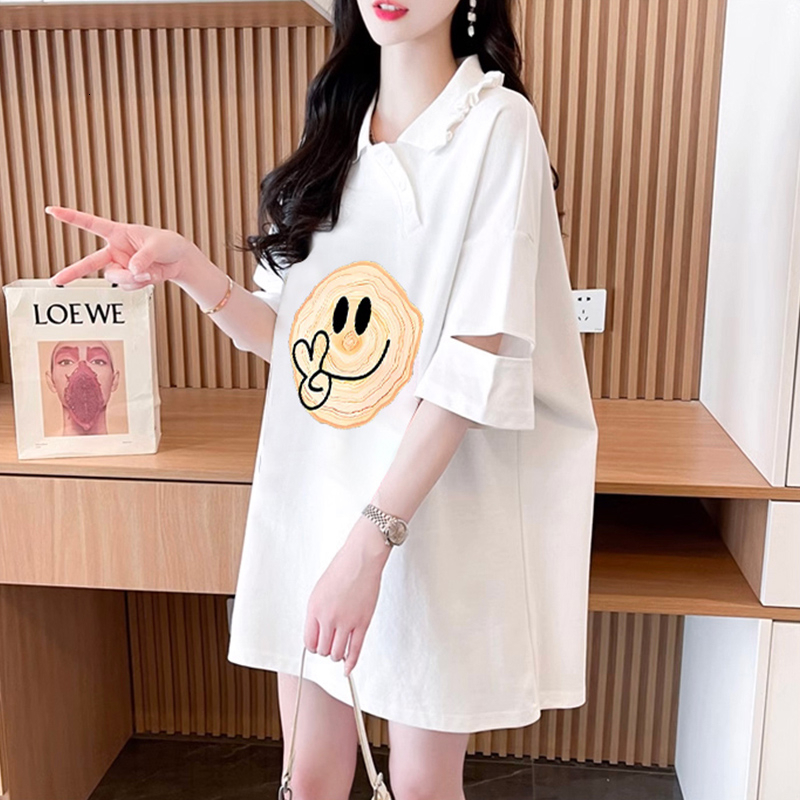 First release of pure cotton short sleeved for women in summer 2024, loose mid to long POLO collar top T-shirt