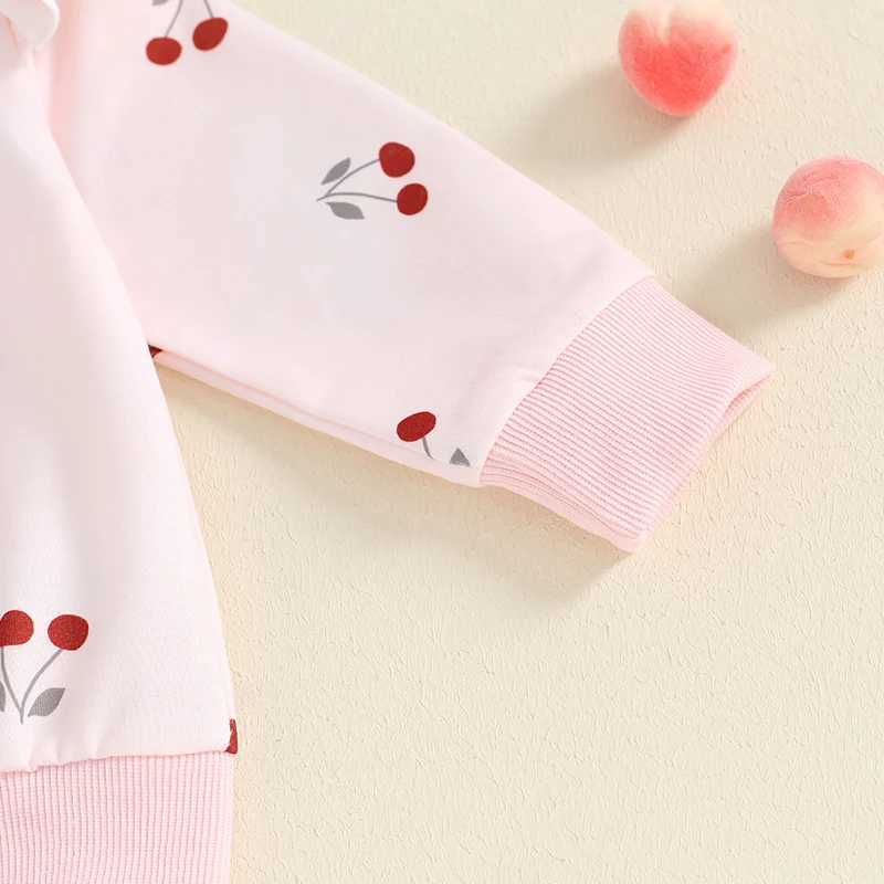 Clothing Sets 2024-05-23 Lioraitiin Baby Girl Fall Outfit Cherry Print Round Neck Long Sleeve Tops Elastic Waist Pants 2 Piece Set