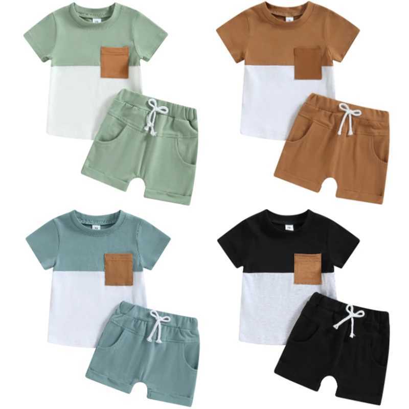 Clothing Sets Toddler Infant Baby Boys Summer Clothing Sets Short Sleeve Contrast Color Tops + Solid Color Drstring Shorts 2pcs Outfit