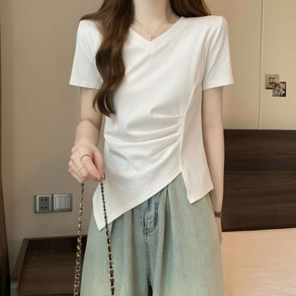 Large size shoulder new style internet famous European goods irregular fold waist collection short sleeved popular pink t-shirt slim fit top for women