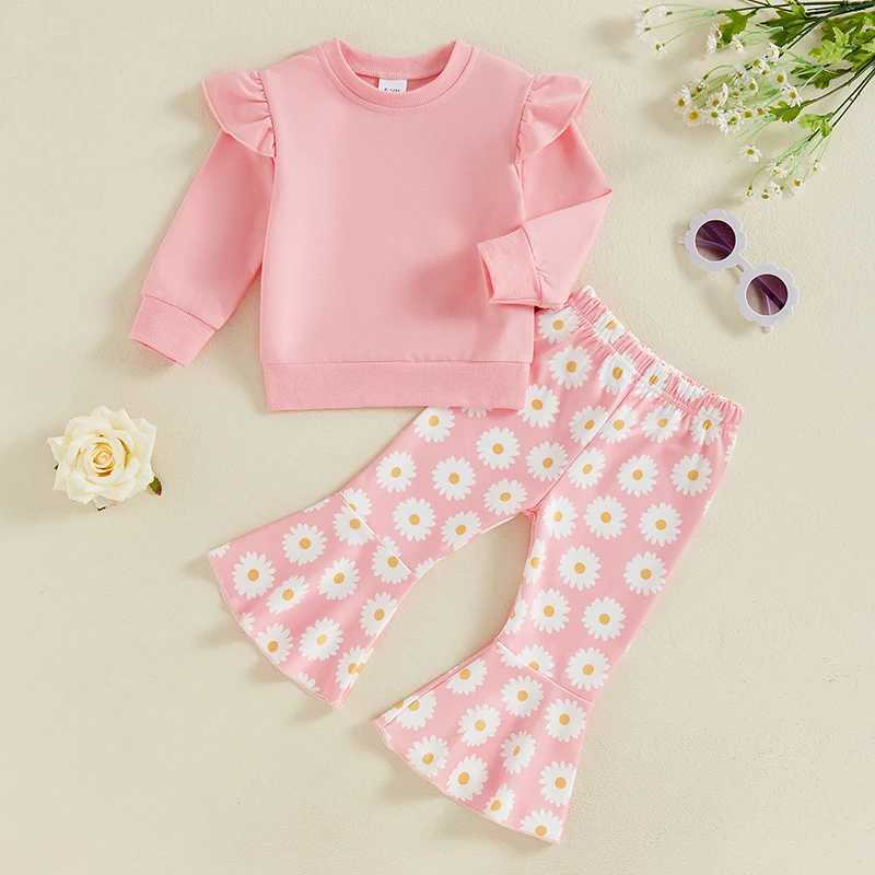 Clothing Sets 2024-05-29 Lioraitiin Little Girls 2PCS Fall Outfits Flying Sleeve Solid Color Pullover Tops Floral Flared Pants Sets