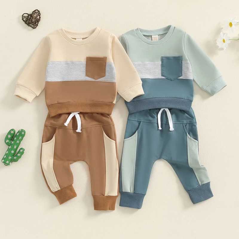 Clothing Sets 2024-06-04 Lioraitiin Baby Boy Track Suit Contrast Color Long Sleeve Sweatshirt and Elastic Pants 2 Piece Outfits for Toddler