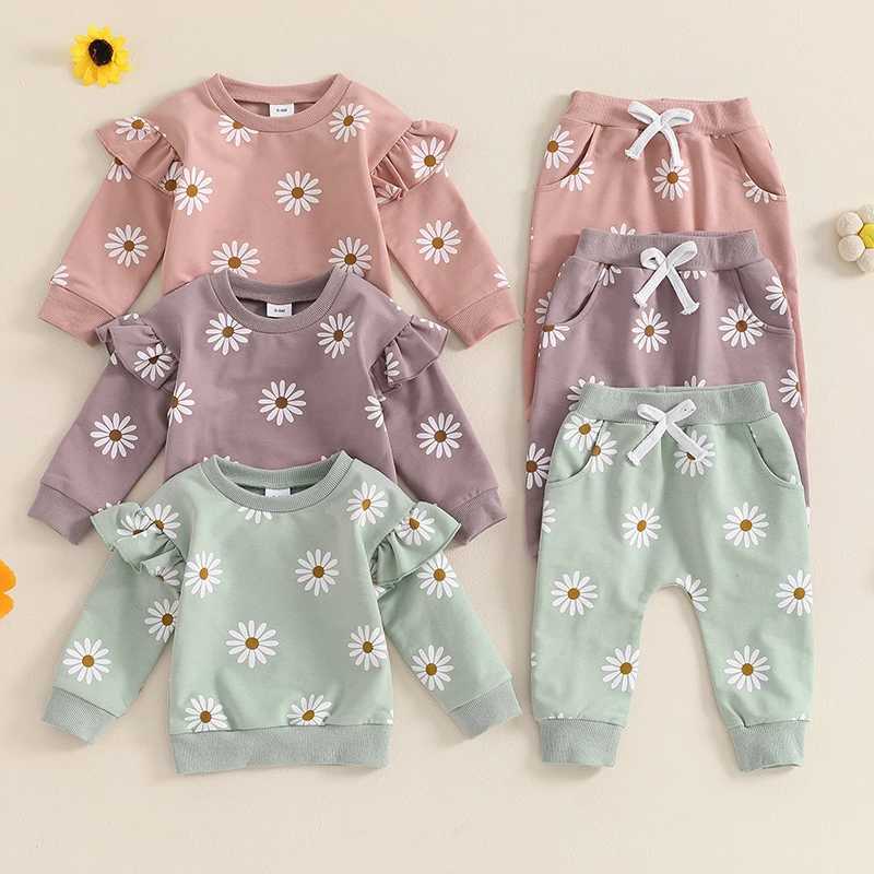 Clothing Sets 2024-05-24 Lioraitiin Toddler Girl Fall Outfit Daisy Print Long Sleeve Sweatshirt with Elastic Waist Pants 2 Pcs Set