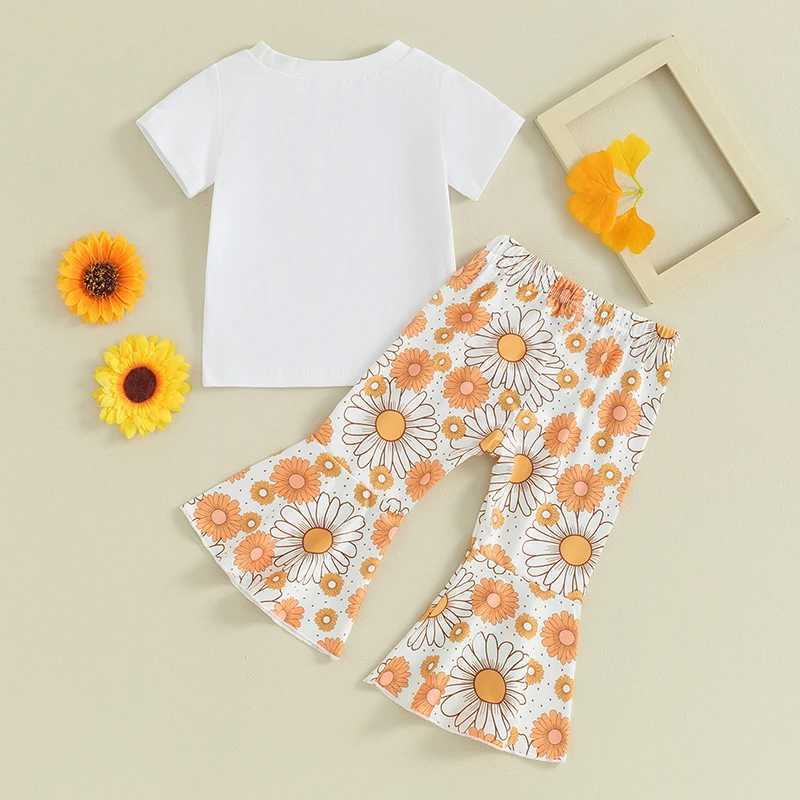 Clothing Sets Toddler Kids Baby Girls Summer Clothes Letter Floral Print Short Sleeve T-shirts+Flare Pants Children Holiday Beach Clothing