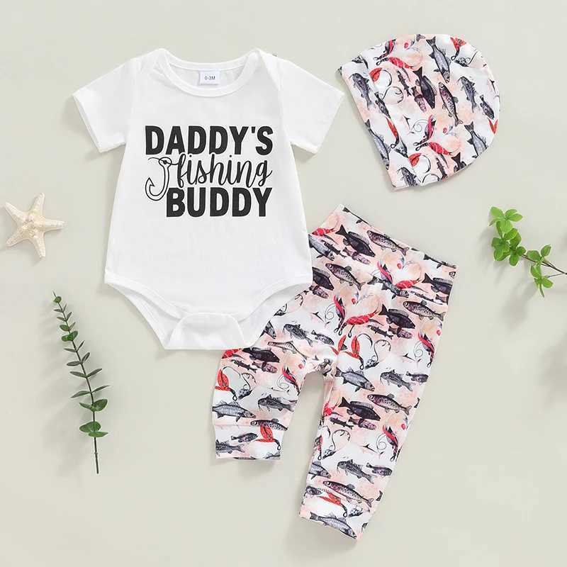 Clothing Sets 2024-04-28 Lioraitiin 3-Piece Baby Set Letter Print Short Sleeve Romper Tops Fish Print Long Trousers Headpiece Outfits
