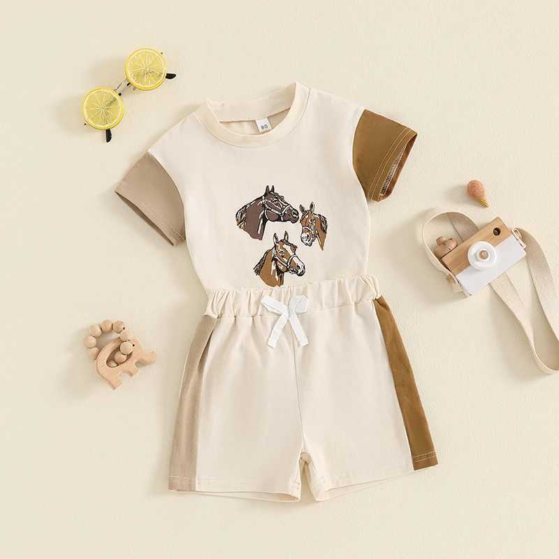 Clothing Sets 2024-05-10 Lioraitiin Toddler Boys Summer Outfits Western Elements Horse Print Contrast Color Short Sleeve T-Shirts Shorts Set