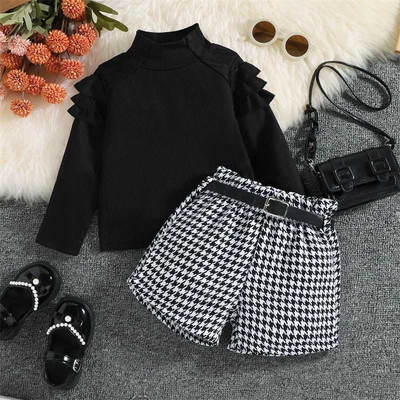 Clothing Sets 2022-08-15 Lioraitiin 0-6Years Toddler Girl Autumn Clothes Ruffled Long Sleeve High Neck Ribbed Houndstooth Print Shorts Belt