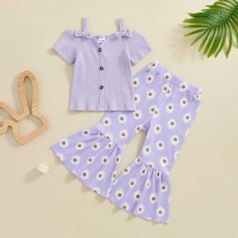 Clothing Sets 2024-05-05 Lioraitiin Kids Girls Pants Set Ribbed Short Sleeve Sling Strap T-shirt with Flower Print Flare Pants Summer Outfit