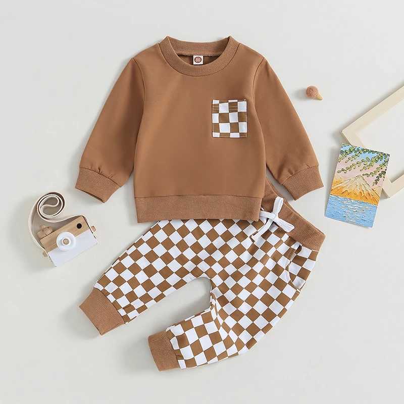 Clothing Sets Lioraitiin 0-3Y Toddler Baby Boys Clothes Sets Long Sleeve Sweatshirt Tops and Checkerboard Print Drstring Pants Tracksuit Set