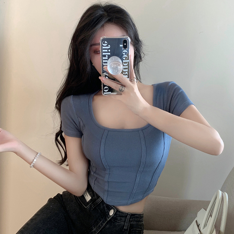 2024 Summer New Ins Trendy Slim fit Short sleeved T-shirt Look Thin and Generous Collar Fishbone Spicy Girl Top Female