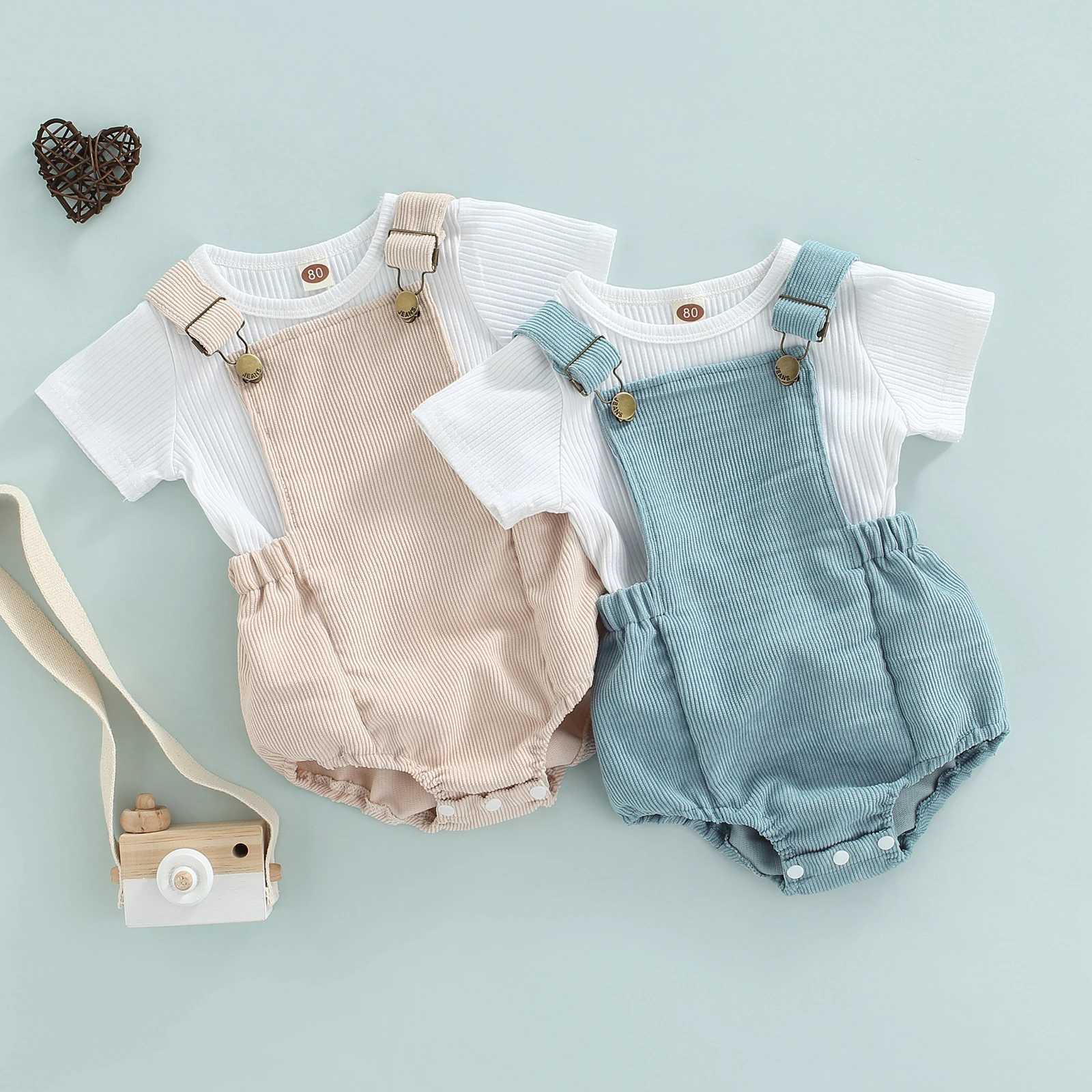 Clothing Sets Lioraitiin Baby Strappy Romper Suit Ribbed Round Neck Short Sleeve T-Shirt Tops + Adjustable Straps Romper Two Piece Set