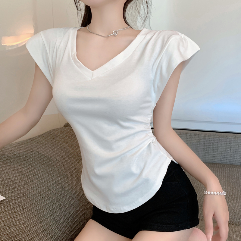 2024 V-neck T-shirt for women, irregular sleeveless vest, mid to long length, slim fit and slimming, spicy girl short sleeved top