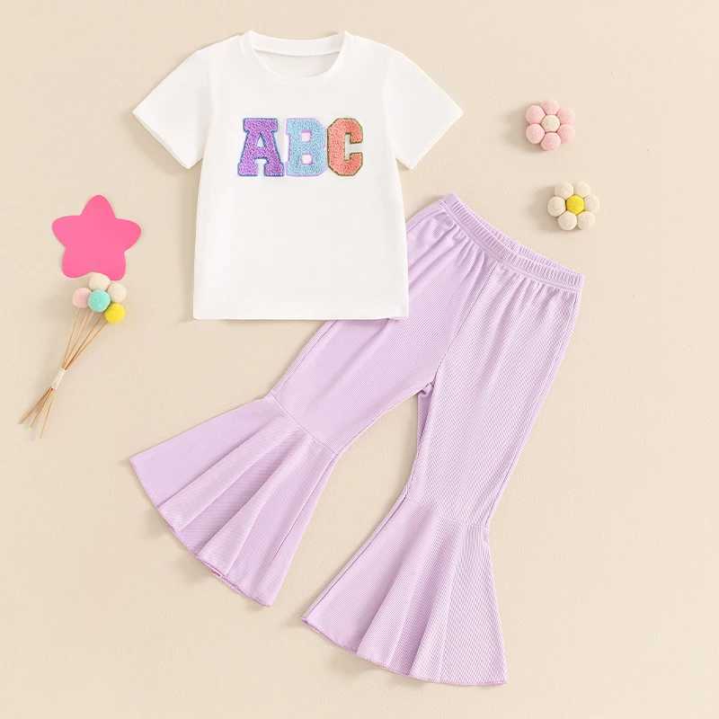 Clothing Sets 2024-04-03 Lioraitiin 3-6Y Toddler Baby Girl 2Pcs Summer Outfits Short Sleeve Letter Embroidery Tops + Flare Pants Set Clothes