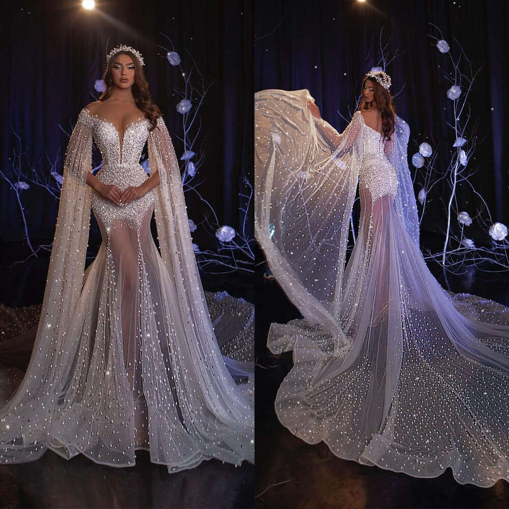 Spring Fashion Mermaid Wedding Dresses Super Long Sleeves Robe De Mariee Pearls Beads Lace Custom Made Boho Bridal Gowns