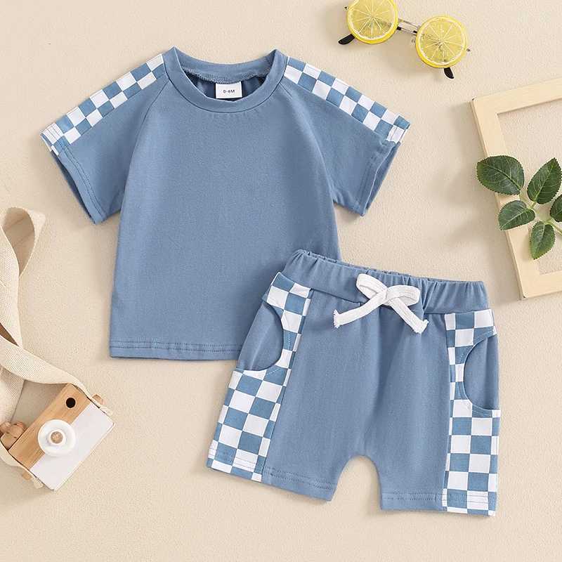 Clothing Sets Baby Boys Summer Outfits Checkerboard Patchwork Short Sleeves T-Shirt and Elastic Shorts Set for 2 Piece Clothes Set H7GG
