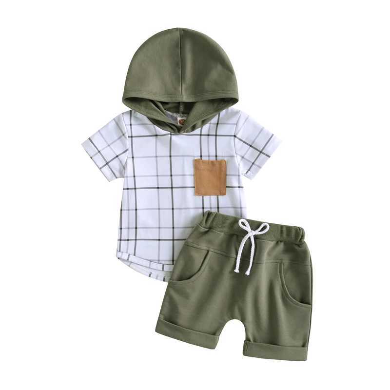 Clothing Sets 2023-03-10 Lioraitiin 0-3Years Toddler Boys 2Pcs Summer Outfits Short Sleeve Plaid Print Hoodie Tie Front Solid Shorts Set