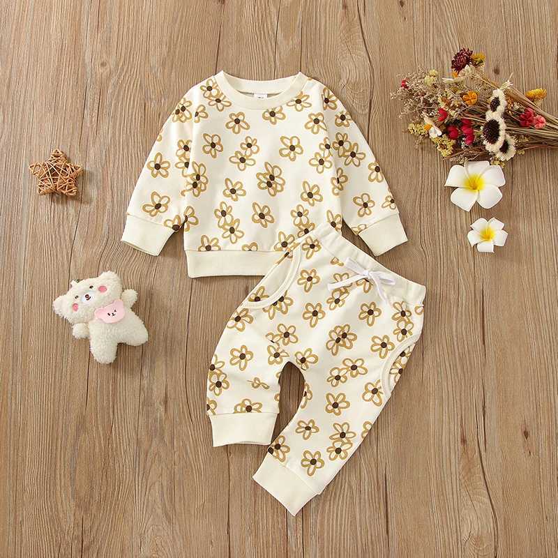 Clothing Sets 2022-09-26 Lioraitiin 0-3Years Toddler Kid Girl 2Pcs Pant Suit Long Sleeve Round Neck Floral Shirt Street Side Pockets Trousers