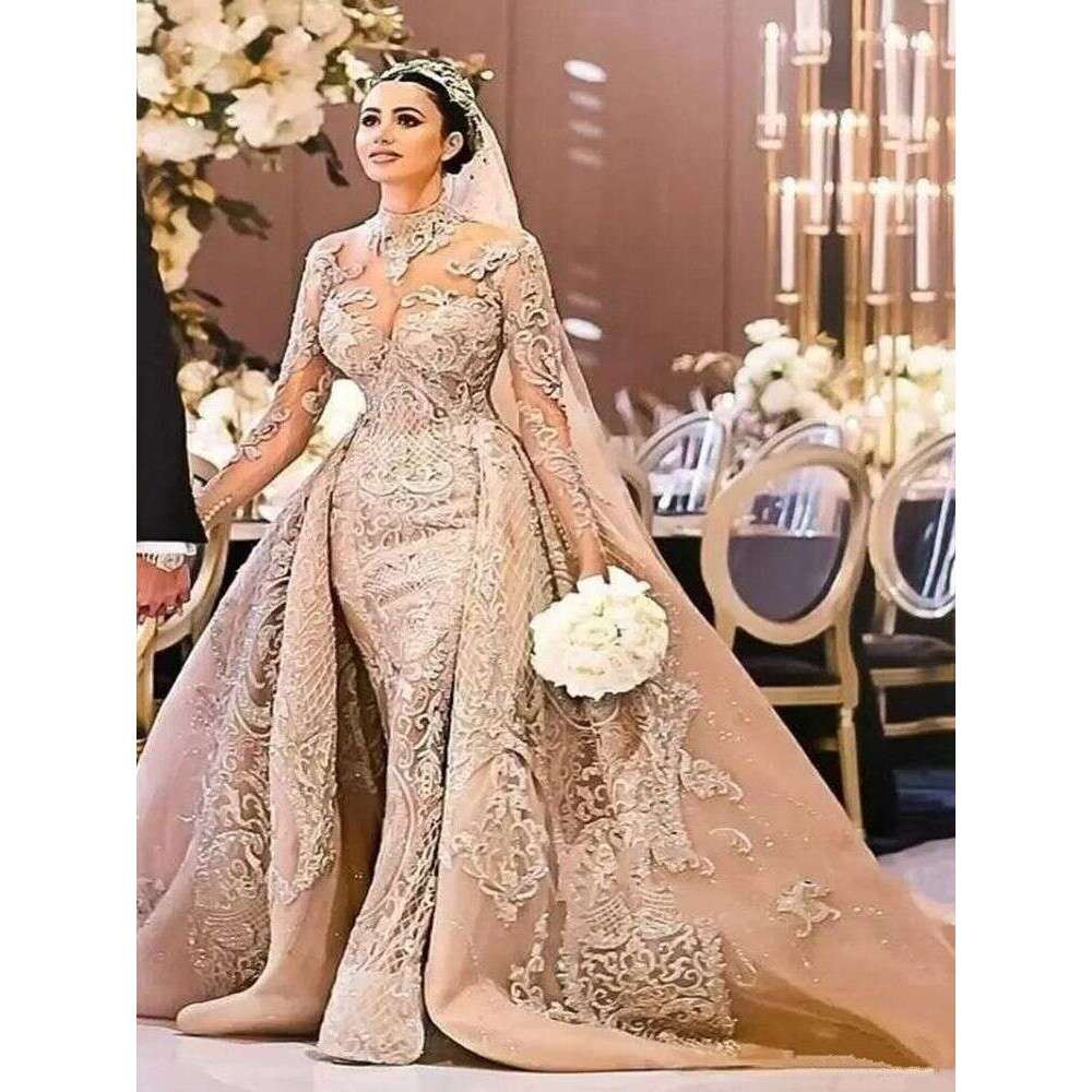 Arabic Dubai Gorgeous High Neck Long Sleeve special Dress 2022 Mermaid Lace Appliques Detachable Train Bridal Gowns vestido