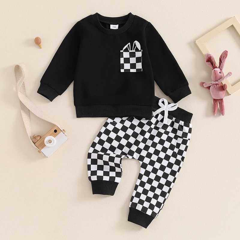 Clothing Sets 2024-05-27 Lioraitiin 0-3Y Kids Boys Autumn 2PCS Outfit Sets Long Sleeve O Neck Tops Checkerboard Print Pants Sets