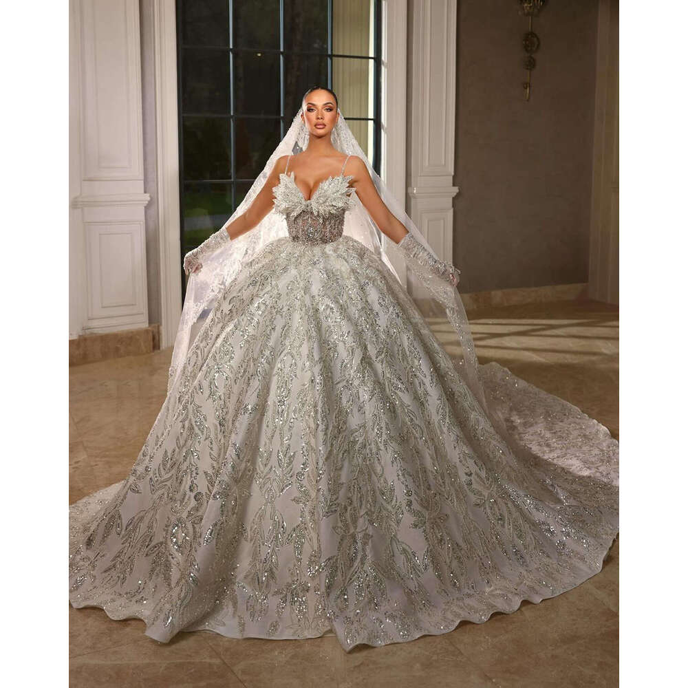 Gorgeous special Dresses Beads Sequins Appliques Lace Ball Bridal Gowns Custom Made Sexy Spaghetti Straps Sweep Train Robe