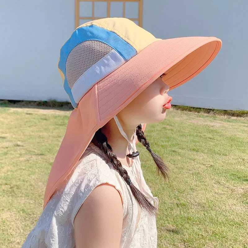 Summer baby sun hat with neck flaps UV protection strap wide brown beach hat childrens bucket hat boys and girls outdoorW240715