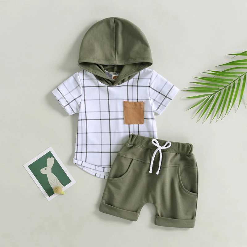 Clothing Sets 2023-03-10 Lioraitiin 0-3Years Toddler Boys 2Pcs Summer Outfits Short Sleeve Plaid Print Hoodie Tie Front Solid Shorts Set