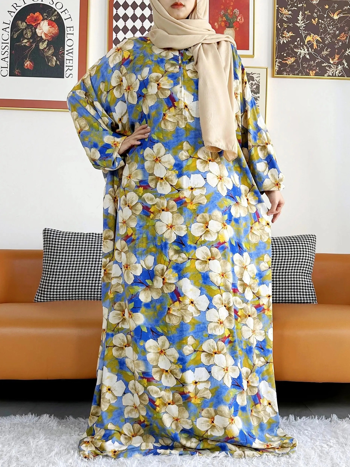 Printed Cotton Abayas for Women Ramadan Prayer Garment Dubai Turkey Middle East Femme Robe Loose Dress Turban Joint 240712