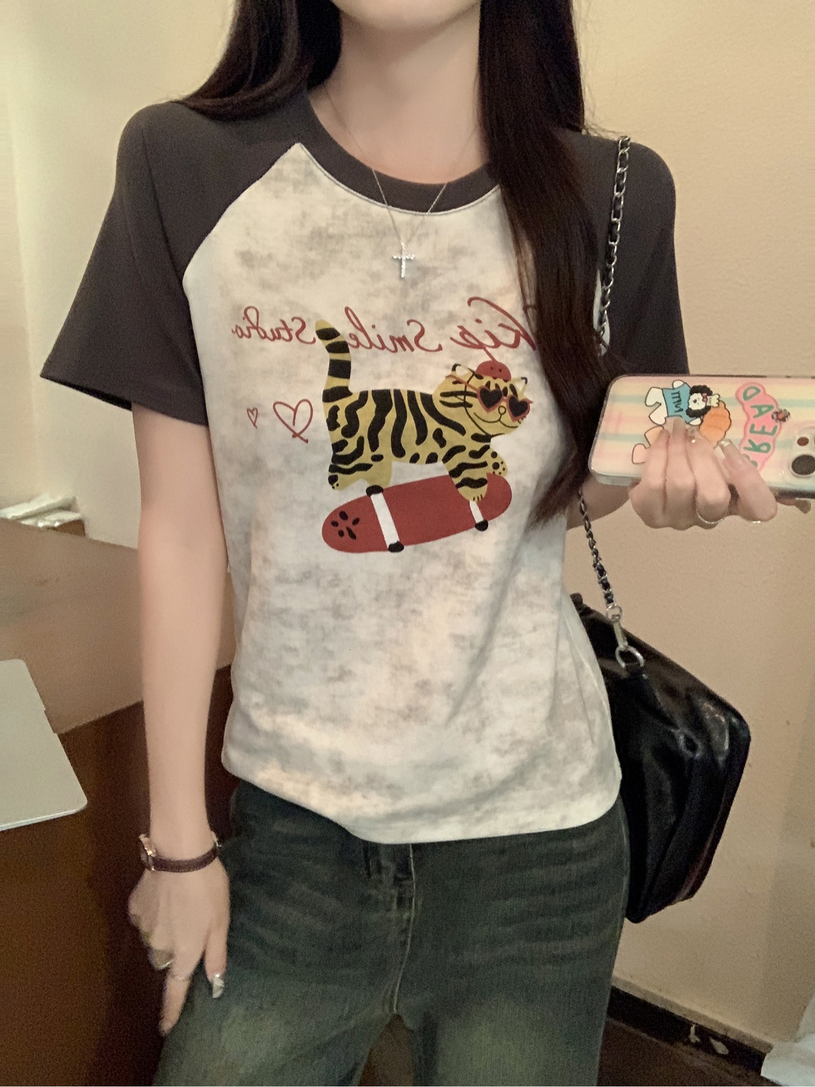 * 1 thread 210g short sleeved T-shirt with summer raglan sleeves, front shoulder slim fit, round neck top, women's clothing