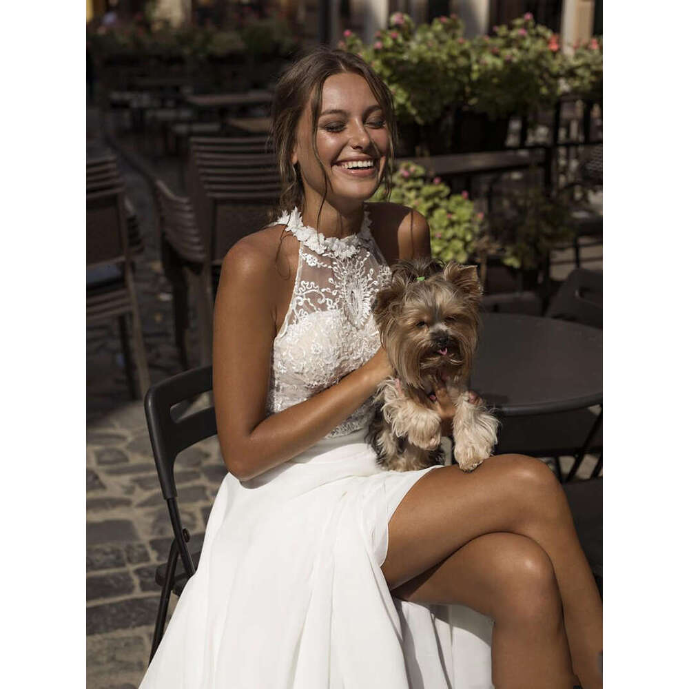 LoveDress Simple Halter Collar White Sexy High Split Jewel Neck Chiffon Boho Bridal Dress Beach Wedding Gowns