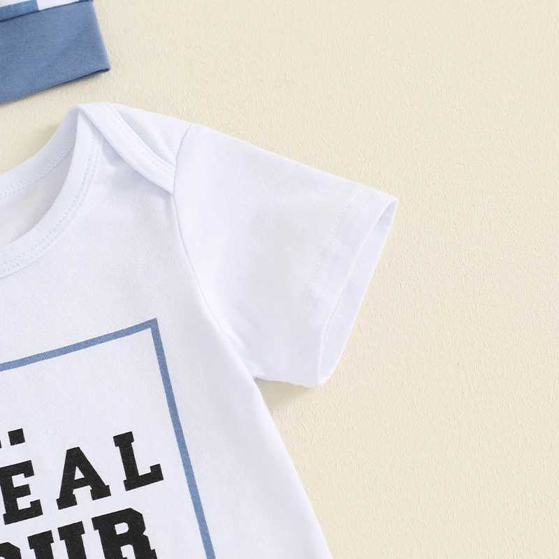 Clothing Sets 2024-04-25 Lioraitiin Baby Boys 3PCS Outfit Sets Short Sleeve Letter Print Romper Checkerboard Print Pants Hat Sets