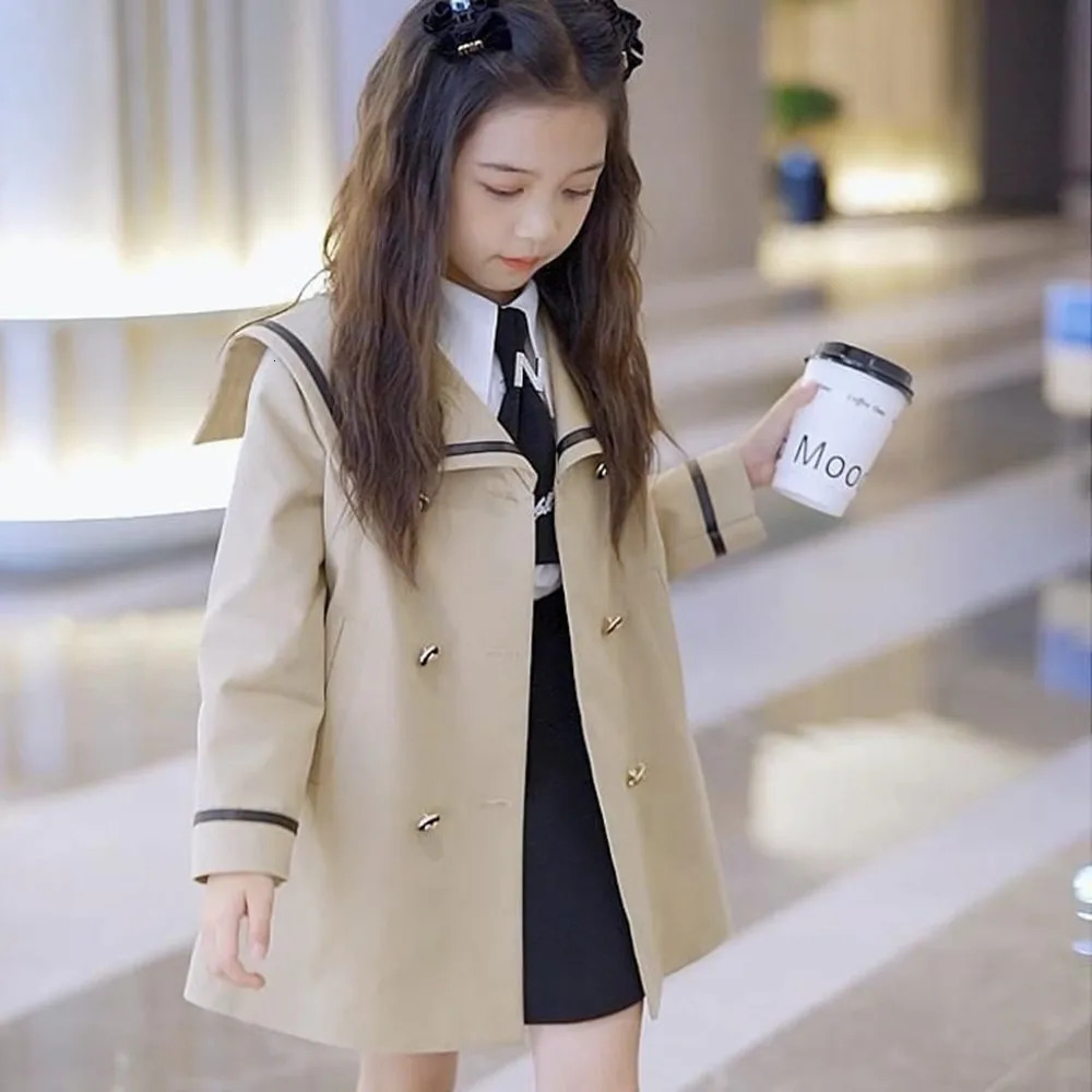 Girls Trench Coat Sailor Collar Spring Autumn Preppy Style Double Breasted Korean Mid-length Fashionable 5-12 Years Old 240713