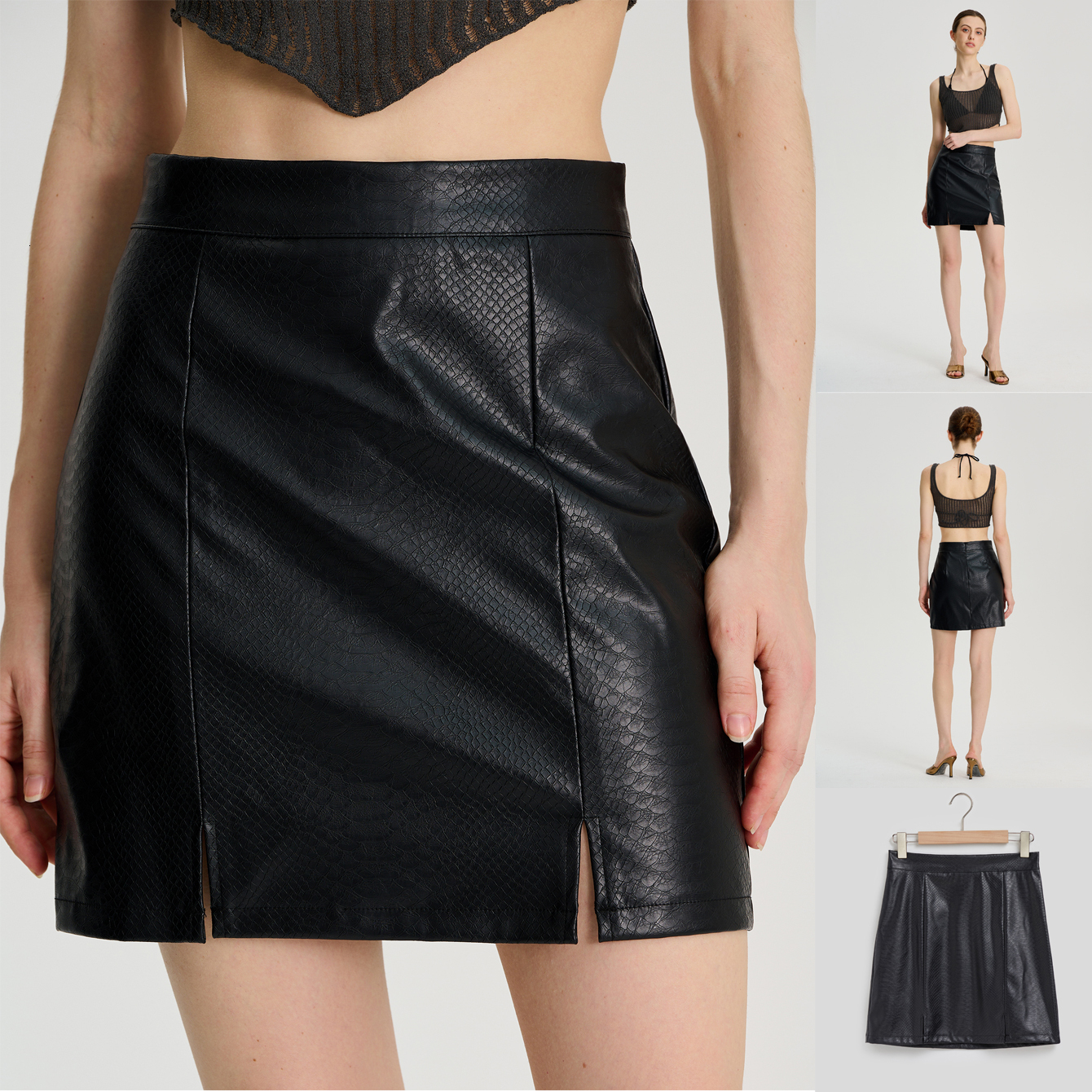 PU leather with buttocks, tight fitting high waisted crocodile pattern split skirt, sexy spicy girl A-line straight leg one step short skirt