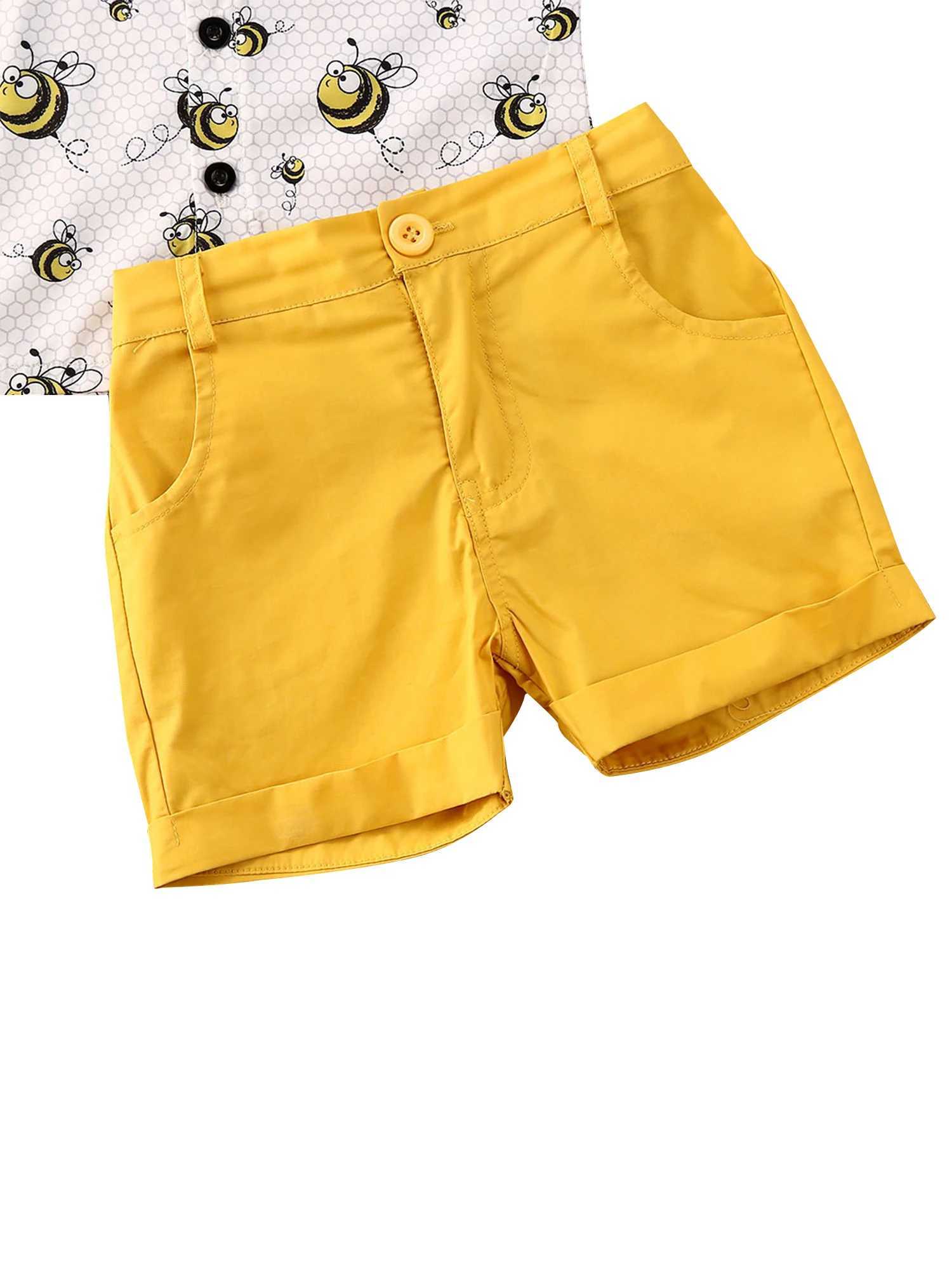 Clothing Sets Lioraitiin 0-6Years Baby Boys Summer Clothes Set Short Sleeve Lapel Bee Print Tie Button Shirt Solid Color Shorts