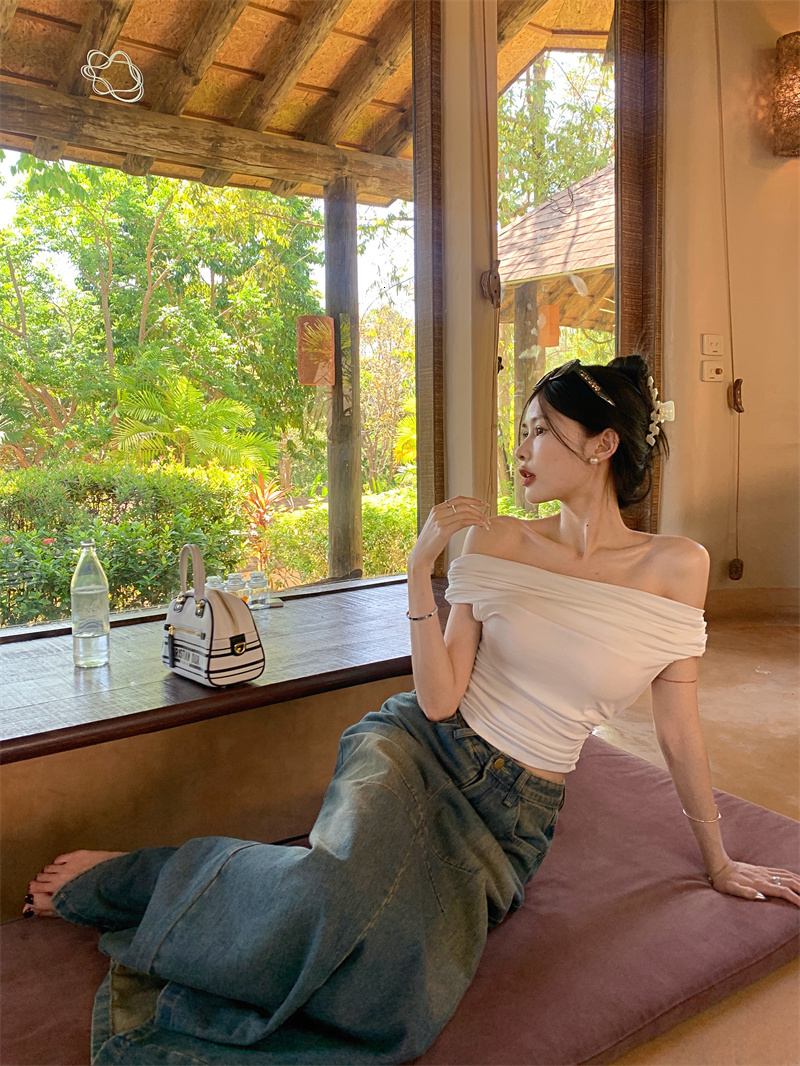 Spicy girl solid color one shoulder niche slim fit chic and exquisite top women's T-shirt