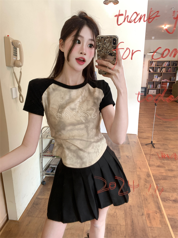 #Large size fat mm tie dye shoulder T-shirt sleeved women's summer short cut irregular cover belly slimming top