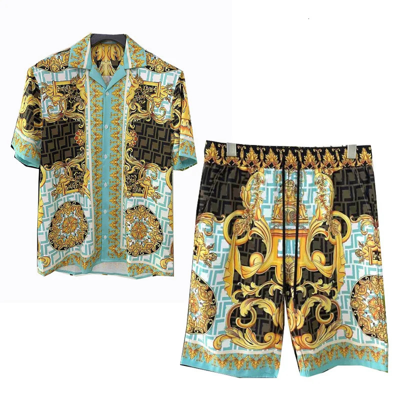 Hawaiian Style Shirt Suit Mens Summer Vacation Casual ShortSleeved Shorts Seaside Beach Flower 3D Print Sportswear 240708