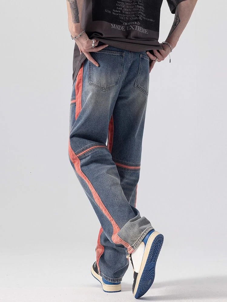 Straight Man Cowboy Pants Spliced Punk Trousers Aesthetic Jeans for Men Spring Autumn Soft Streetwear Harajuku Y 2k Vintage Y2k 240708