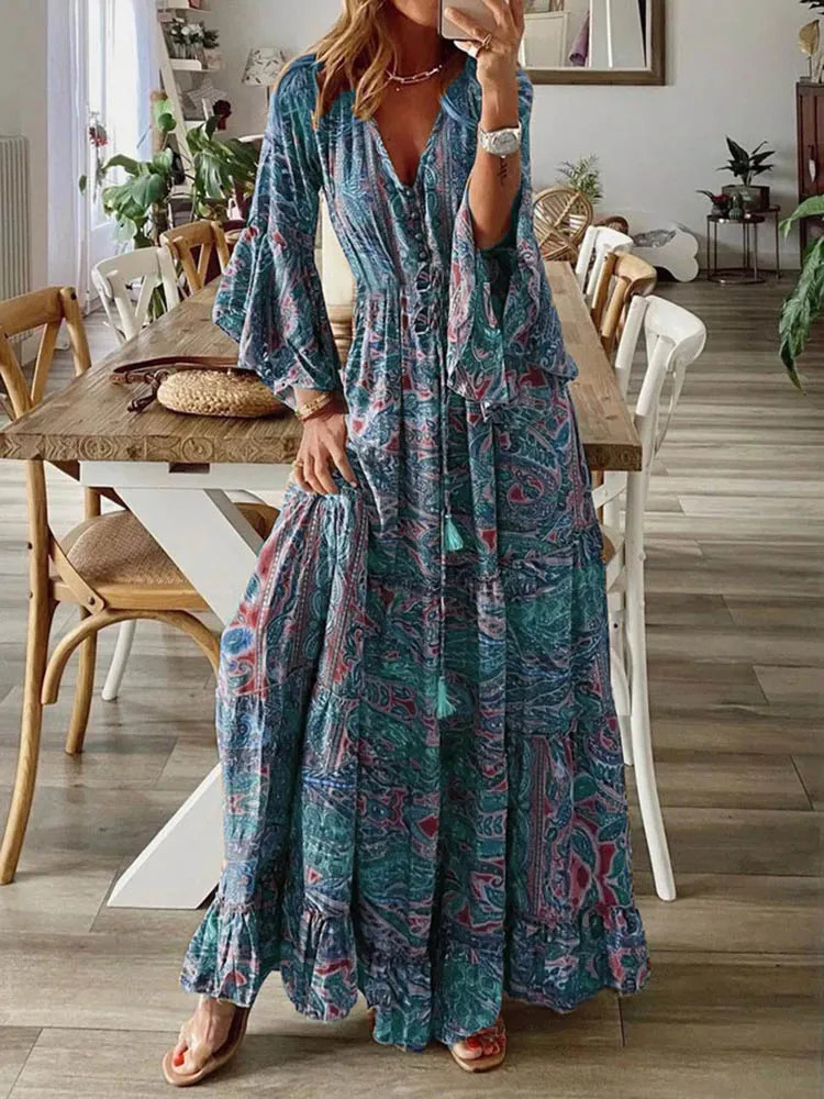 Women Bohemian Beach Maxi Dress Spring Summer Casual V-Neck Long Sleeve Dresses Female Vintage Floral Print Long Dress Vestidos 240710