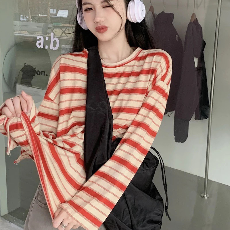 Spring Autumn Women Harajuku Striped T Shirt Long Sleeve ONeck TShirts Korean Casual Oversized Femme Pullover Tops 240712