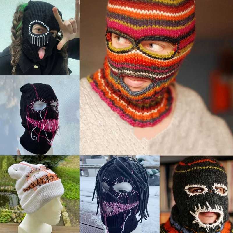 Beanie/Skull Caps Balaclava Distressed Halloween Balaclava Funny Balaclava Face Mask Horror Balaclava Hooded Party Hat Knitted Hat J240711