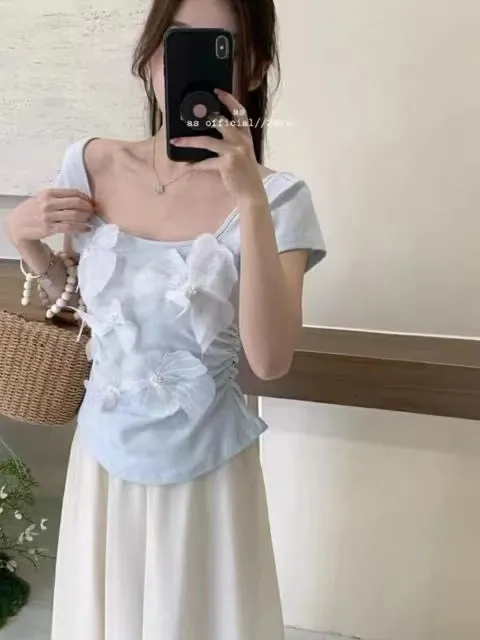 Guangzhou Thirteen Rows Women's High end European Top Light Mint Manwave Green Bow Short Sleeve Square Neck T-shirt Summer