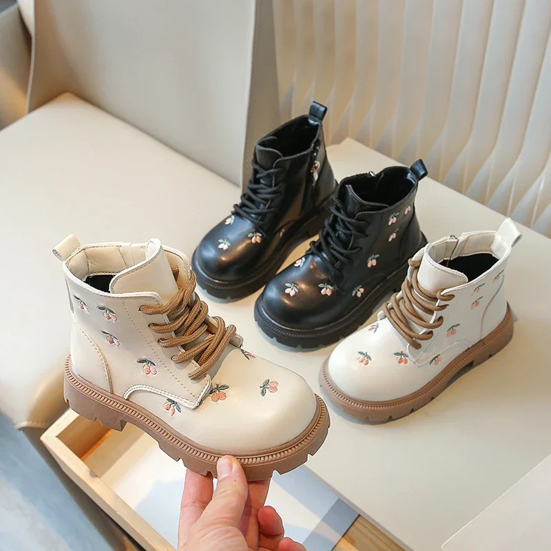 Children Short Boots for Girls Spring Autumn Little Princess Embroidery Cherry Versatile Soft Baby Sweet Kids Boots PU 240711