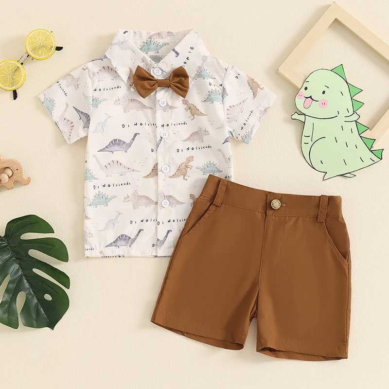 Clothing Sets 2024-04-19 Lioraitiin 2Pcs Baby Boy Summer Clothes Short Sleeve Dinosaur Print Bowtie Shirt + Shorts Set Toddler Outfits