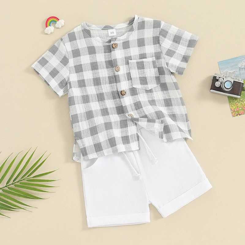 Clothing Sets Toddler Boy Summer Clothing Set Round Neck Short Sleeve Plaid Print Tops + Elastic Waist Solid Color Shorts Infant Baby Set