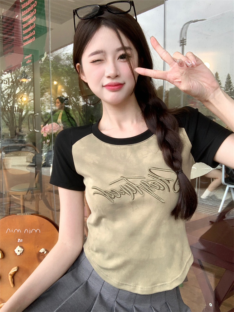 #Large size fat mm tie dye shoulder T-shirt sleeved women's summer short cut irregular cover belly slimming top