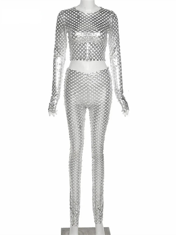 Women Sexy Hollow Out Hole Streetwear Tracksuit Simple Slim Stretch Silver Two Piece Set Female 240627
